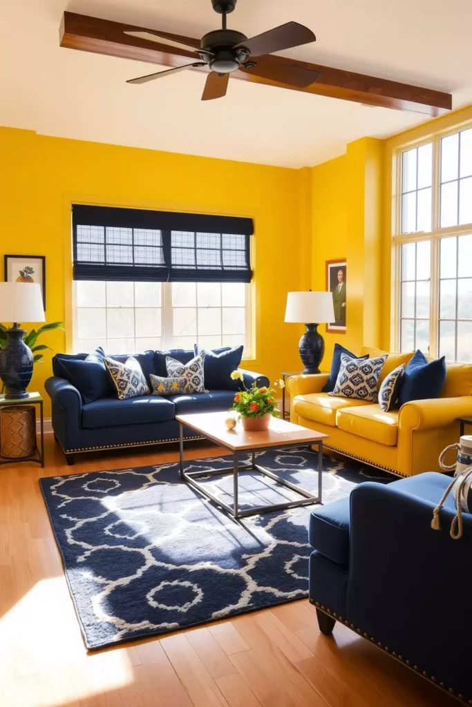 Yellow living room with blue sofa, patterned rug, large windows, and modern decor