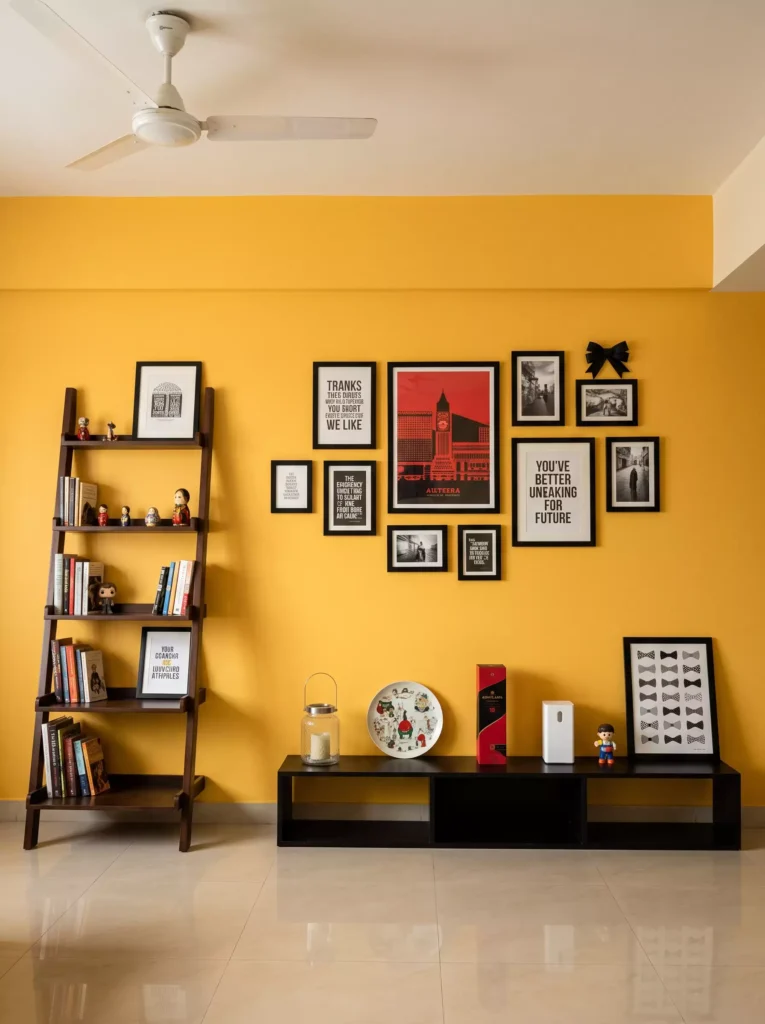 Yellow living room with gallery wall, console table, framed artwork, and decorative accessories