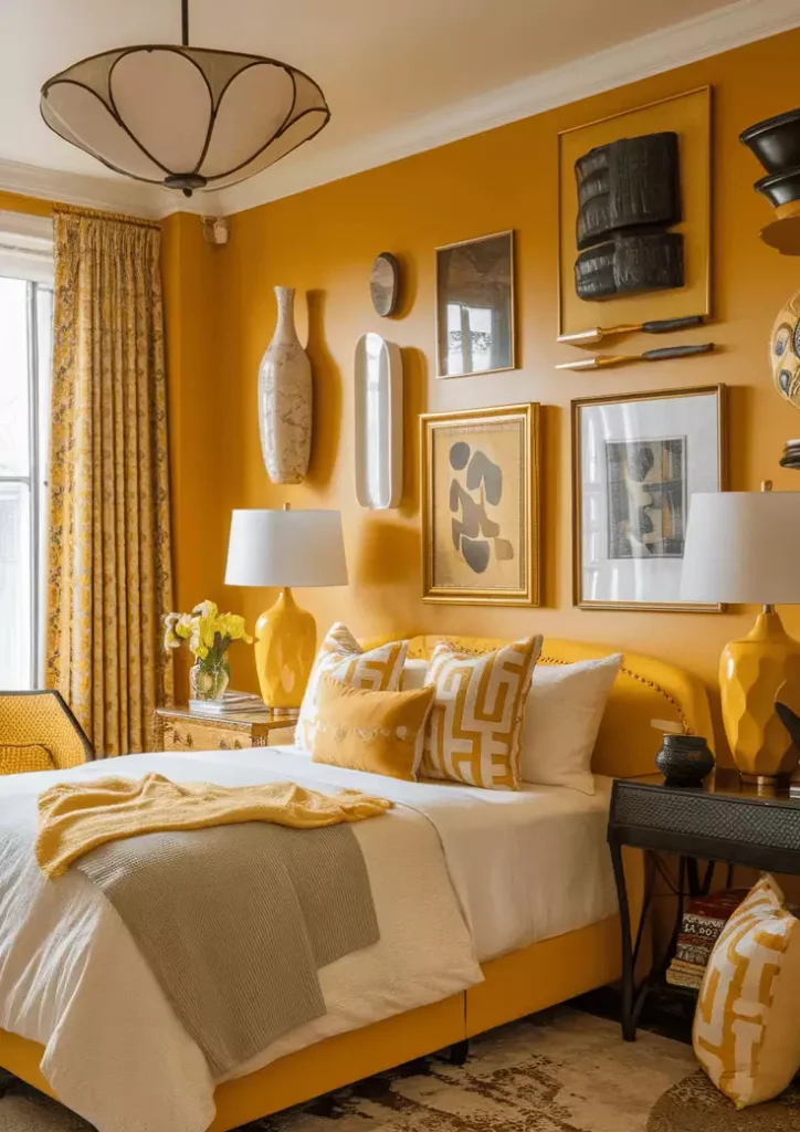 Yellow-themed living room with patterned cushions, artwork, wooden furniture, and warm lighting