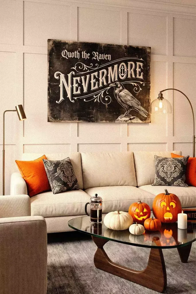 A Nevermore raven print above a cream sofa with orange cushions and pumpkins on a glass coffee table