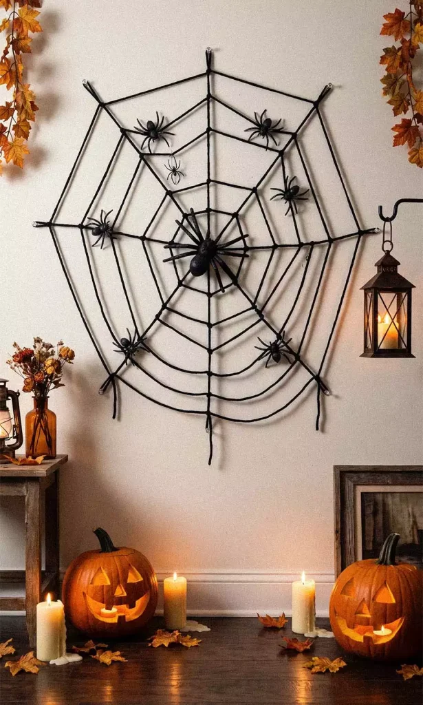 A large black cord spiderweb dotted with spiders above glowing jack-o’-lanterns and candles