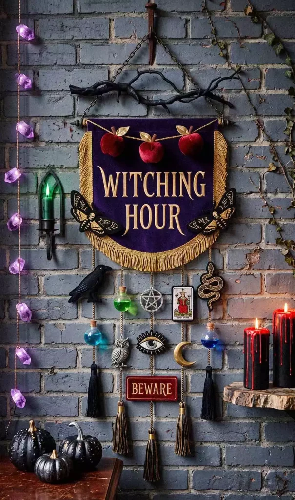 A purple Witching Hour banner on gray brick, surrounded by potion bottles, mystical ornaments, lights, and candles