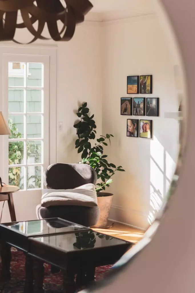 A round mirror reflects a sunlit sitting room with a small framed photo gallery above an armchair beside tall houseplants