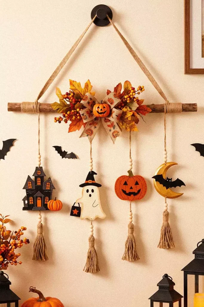 A rustic Halloween wall hanging with a haunted house, ghost, pumpkin, crescent moon, wooden beads, and tassels