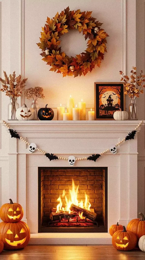 An autumn leaf wreath above a white fireplace decorated with a skull-and-bat bead garland and glowing pumpkins 