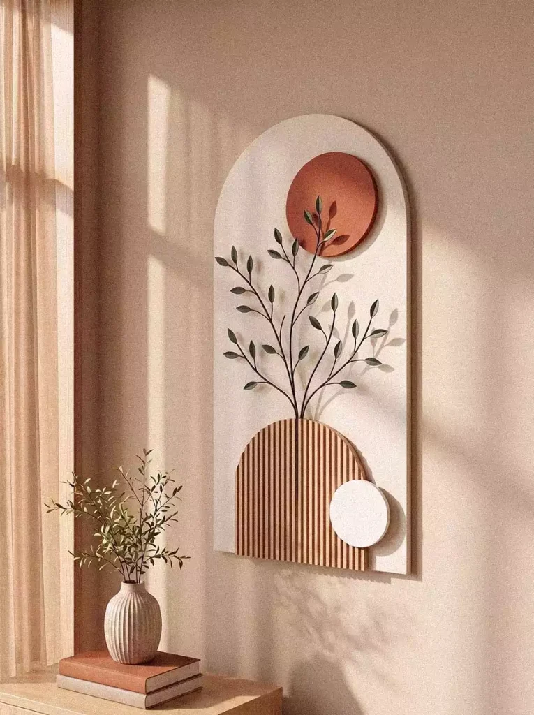 Arched botanical wall art with terracotta and white circles and ribbed wood detail