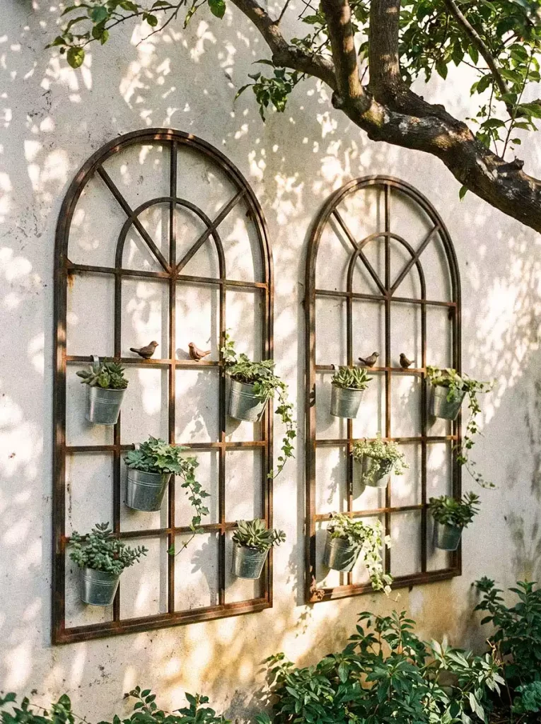 Arched metal trellises hold small bucket planters of succulents and trailing greenery against a cream garden wall