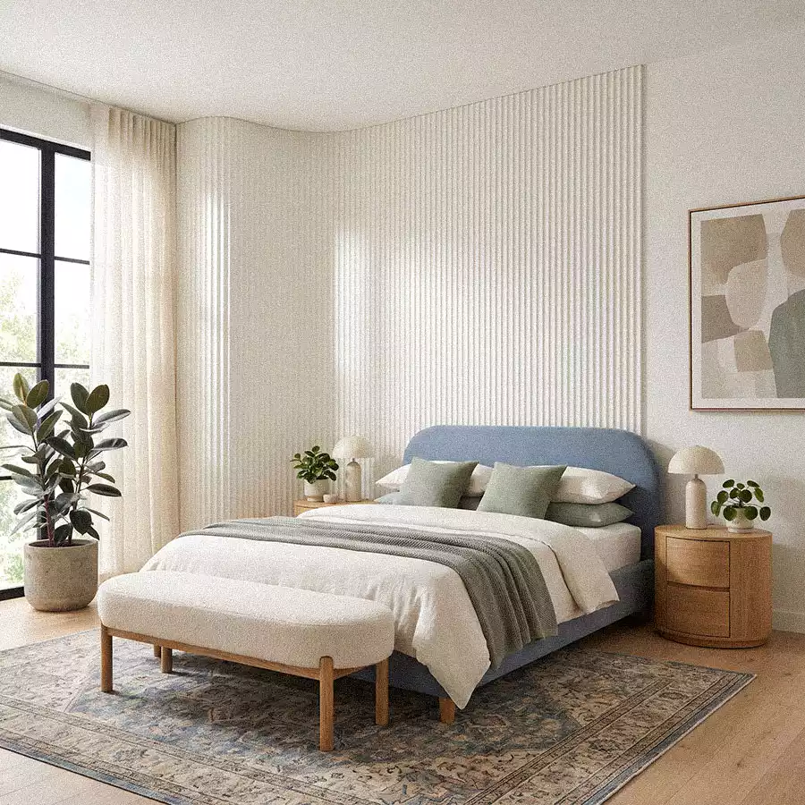 Bedroom with curved ivory fluted wall panels, blue upholstered bed, sage-green accents, and cream bench