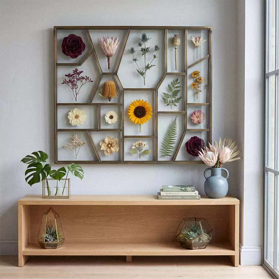 Botanical shadow box with flowers and leaves above a wooden console