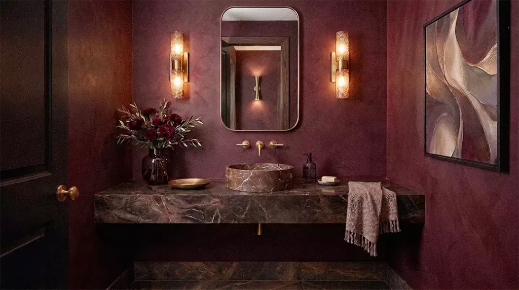 Burgundy Limewash Wall In Powder Room