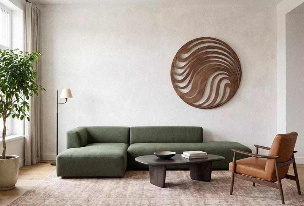 Chalk White Limewash Wall With Wood Art