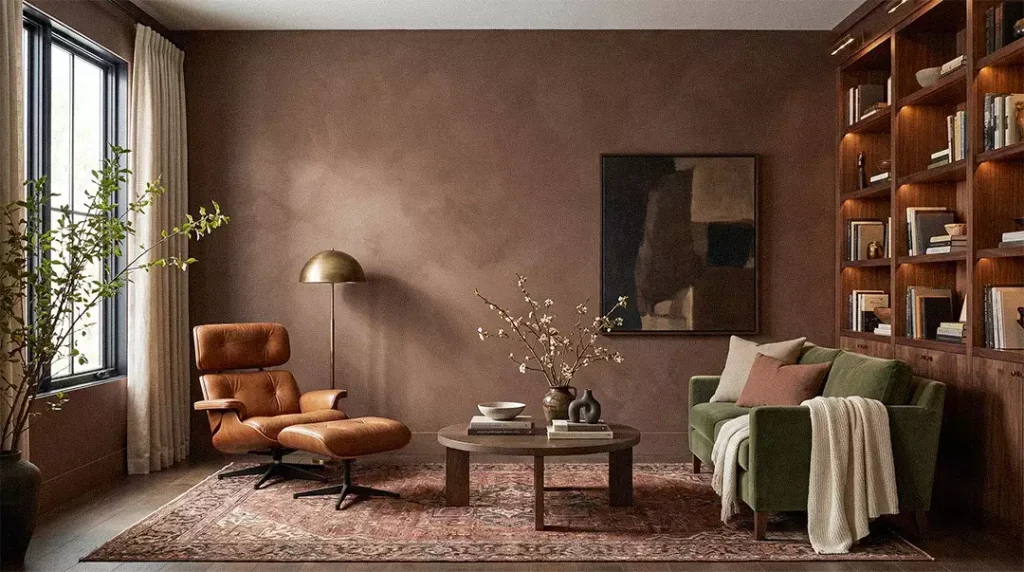 Chocolate Brown Limewash Wall In Library