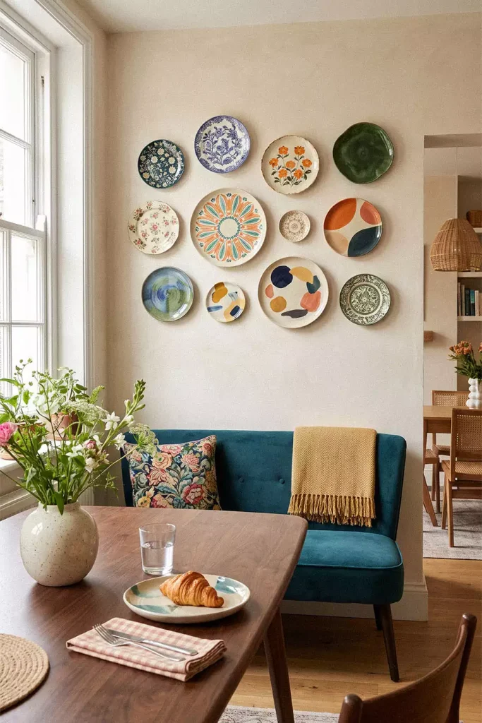 Colorful floral and abstract decorative plates above a teal dining bench