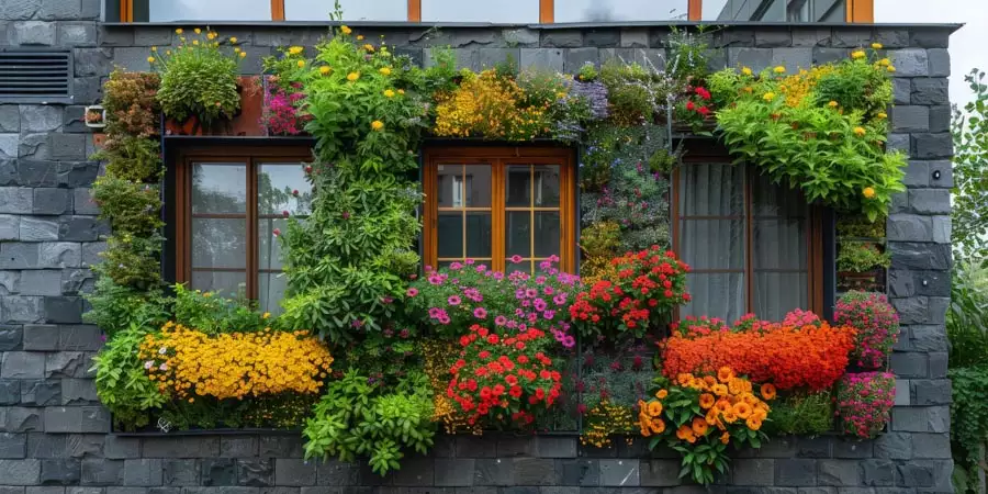 Colorful flowering plants and trailing greenery surround three windows on a dark gray stone wall