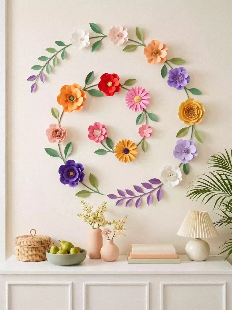Colorful spiral flower wall decor above a white console