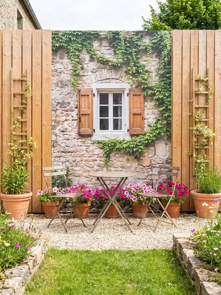Cottage-window mural depicting an ivy-covered stone wall on a wooden fence behind a bistro table and pink flowers