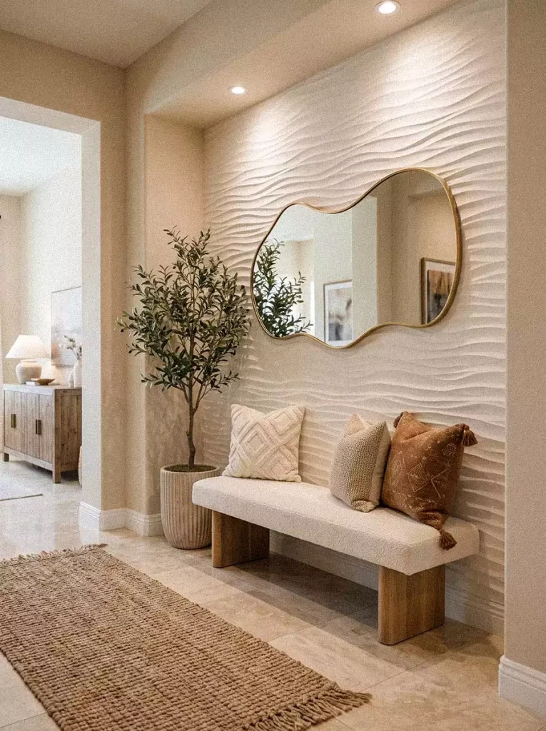 Cream entryway with a wavy textured wall, irregular gold framed mirror, and upholstered bench