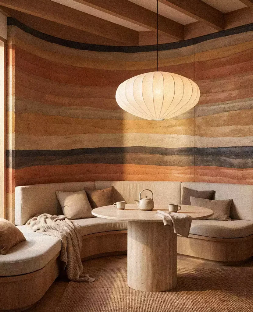Curved wall with horizontal earth-tone layers behind upholstered seating and a round pedestal table