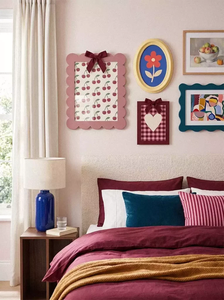 Cute wall decor featuring cherry, flower, heart, and abstract prints in colorful frames above burgundy bedding