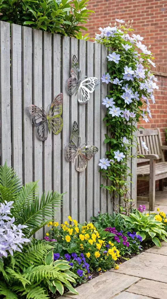 Decorative metal butterflies on a gray wooden fence beside pale purple climbing flowers and a colorful flower border