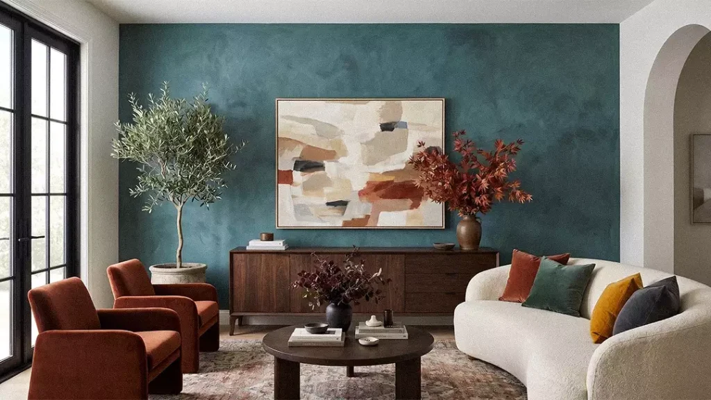 Deep Teal Limewash Wall In Living Room
