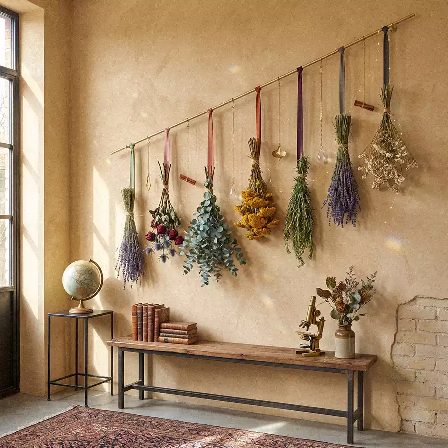 Dried flower bouquets hanging above a wooden bench