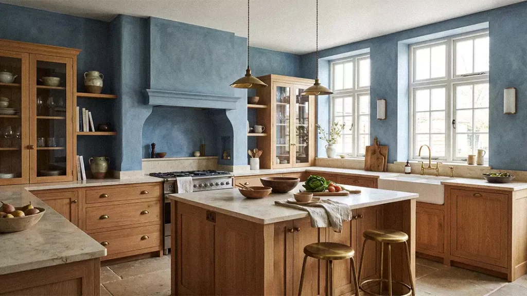 Dusty Blue Limewash Wall In Kitchen
