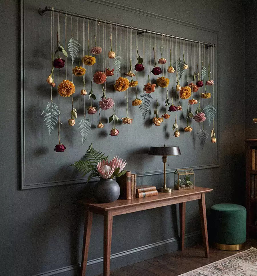 Flowers and fern leaves suspended from a rod on a charcoal wall