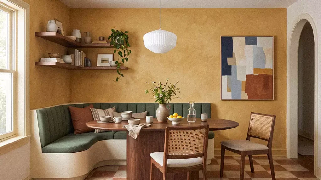 Golden Ochre Limewash Wall In Breakfast Nook