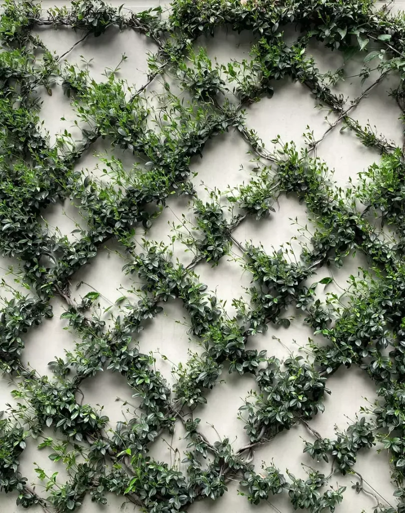 Green climbing vines trained into a repeating diamond pattern across a pale garden wall