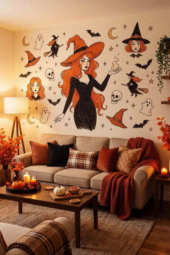 Halloween wall decor with a large red-haired witch, ghosts, bats, skulls, and crescent moons above a beige sofa
