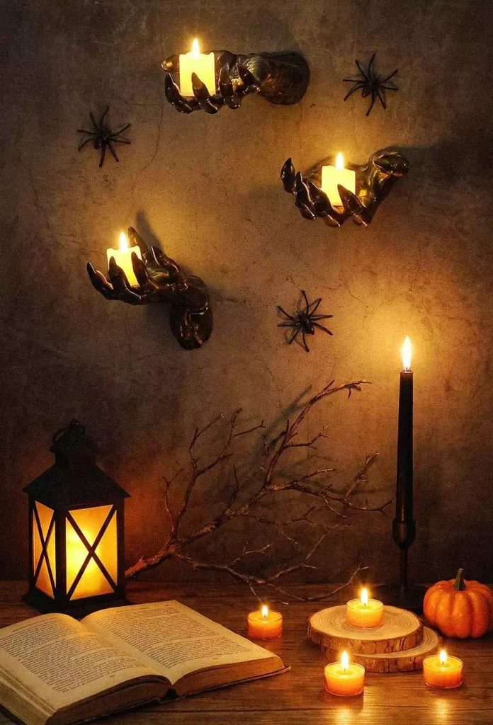 Halloween wall decor with black claw candle holders and spiders above a candlelit table