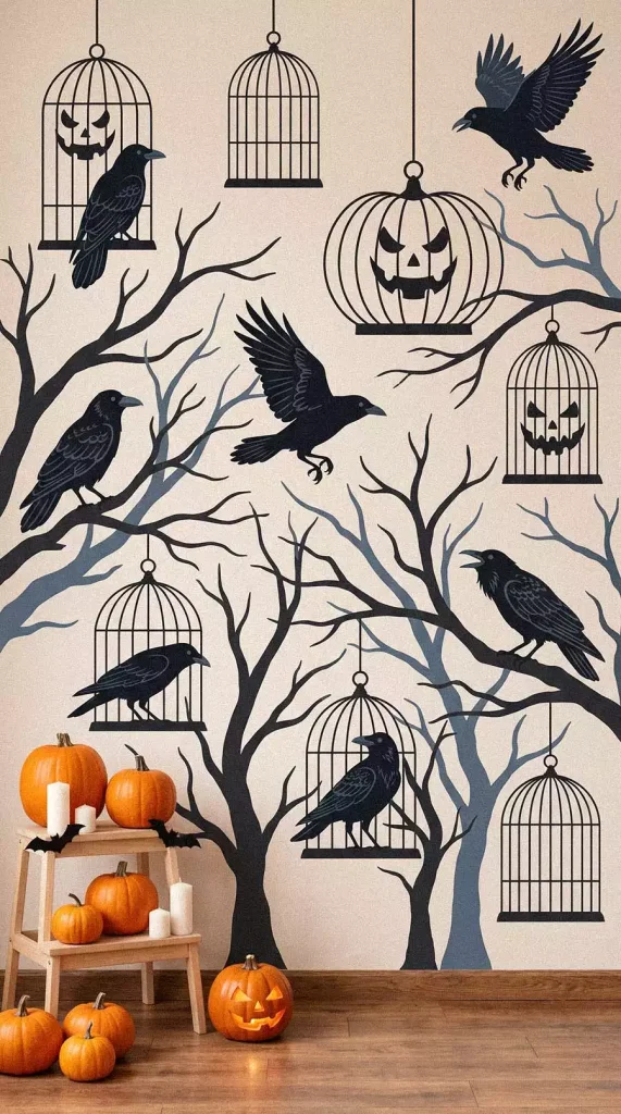Halloween wall decor with crows, bare branches, and hanging cage illustrations above pumpkins and white candles