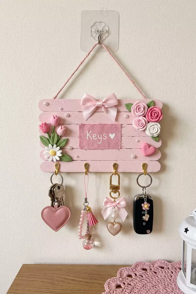 Handmade pink floral key holder with a satin bow, brass hooks, and decorative keychains
