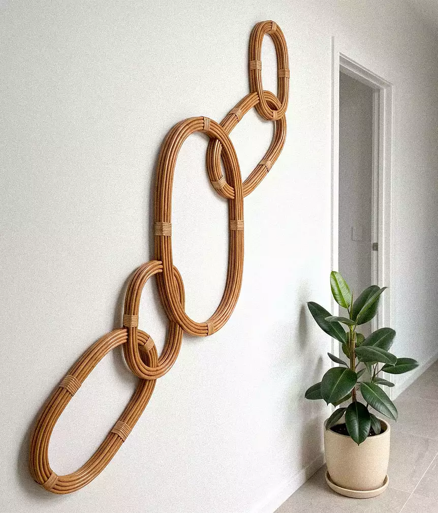 Interlocking rattan oval wall frames in white hallway