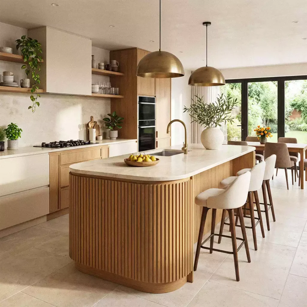 Kitchen with a curved fluted wood island, brass pendant lights, open shelves, and a dining area by black-framed glass doors