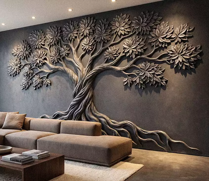 Large tree wall relief with spreading branches, layered leaves and exposed roots behind a sofa