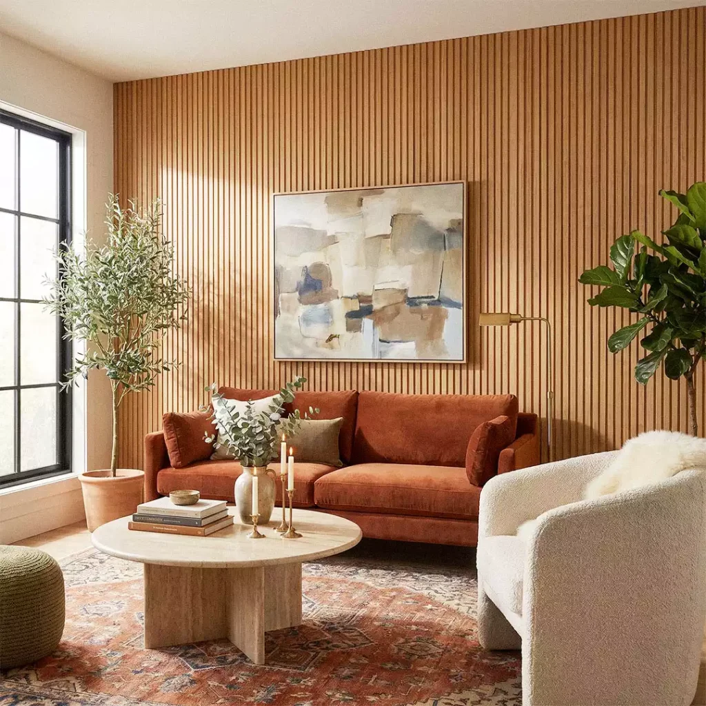 Living room with oak fluted wall panels, rust sofa, abstract art, and cream bouclé chair