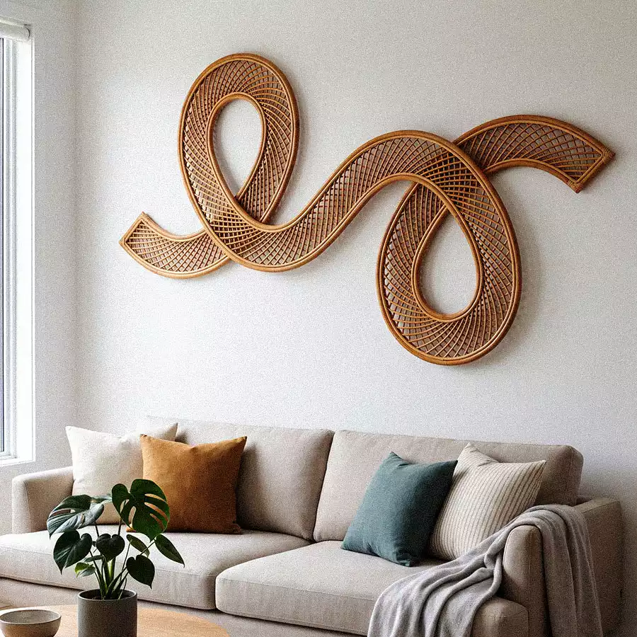 Looping rattan ribbon wall decor above beige sofa