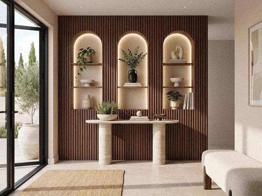 Modern entryway with dark walnut fluted wall panels, three illuminated arched niches, and a travertine console table