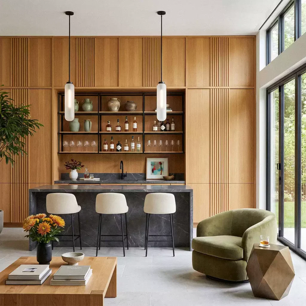 Modern home bar lounge with oak wall panels featuring narrow and wide vertical groove sections, black marble bar, and olive-green chair