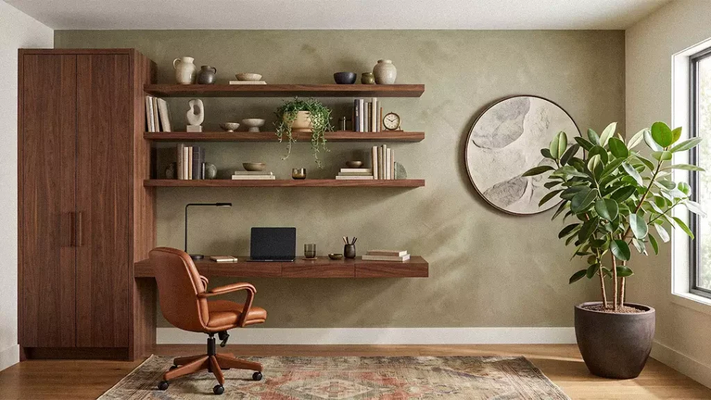 Olive Limewash Wall In Home Office