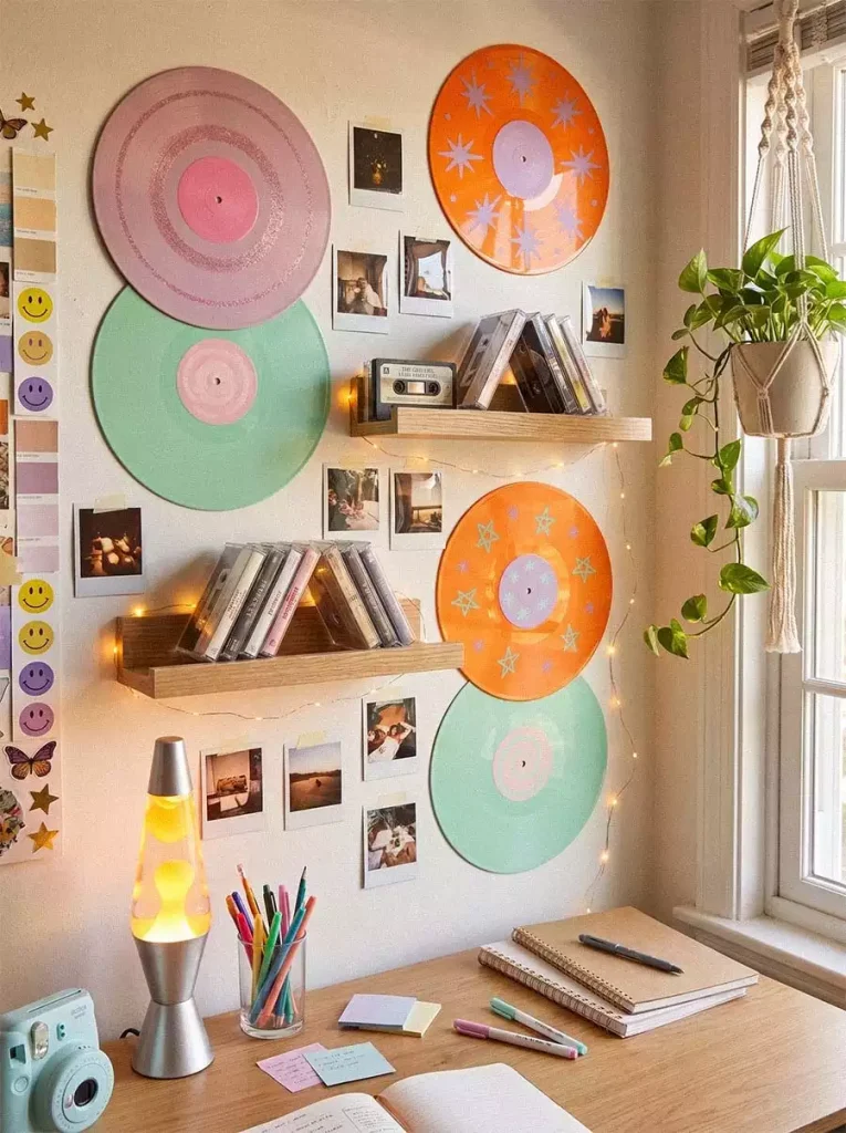 Painted pink, mint, and orange vinyl records with cassette shelves, instant photographs, and fairy lights