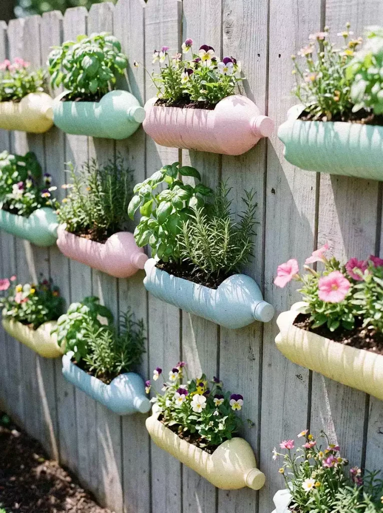 Pastel-painted plastic bottle planters holding flowers and herbs in rows on a weathered wooden fence