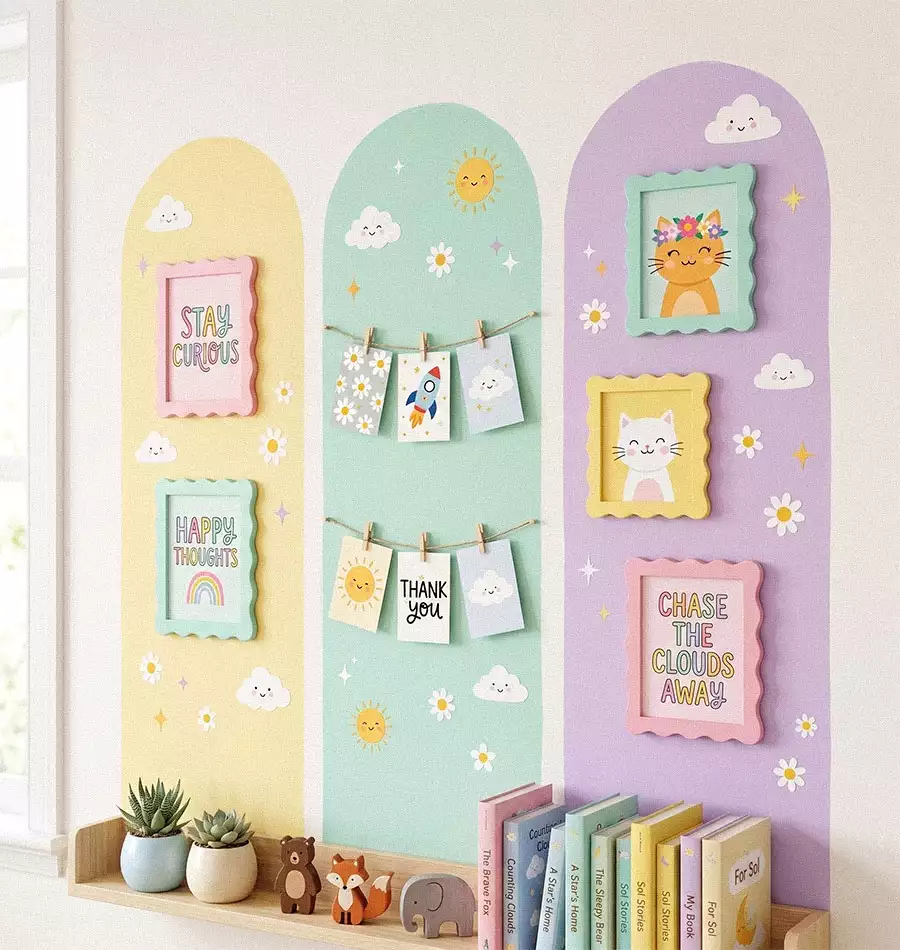 Pastel painted wall arches with cat prints, clipped cards, clouds, and daisy decorations