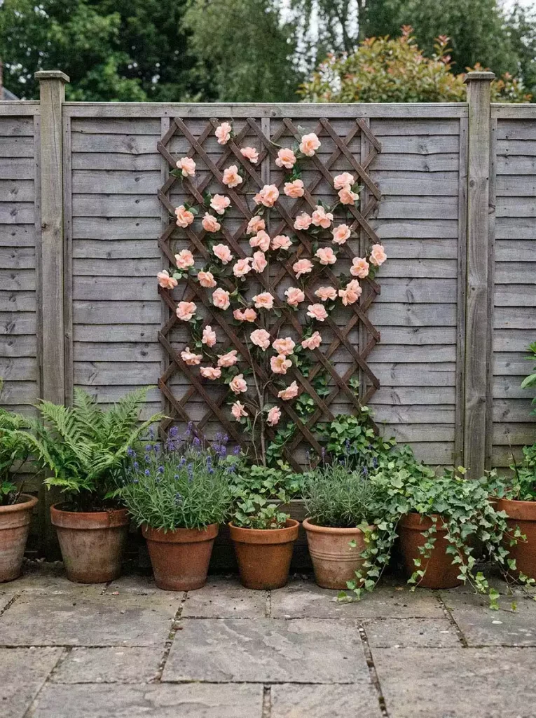 Peach-pink roses cover a brown lattice trellis on a gray wooden fence above terracotta pots of greenery and purple flowers