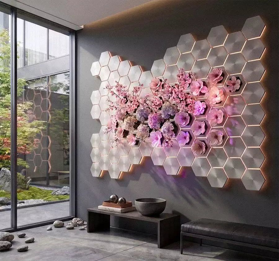 Pink and purple flower wall decor across illuminated honeycomb panels