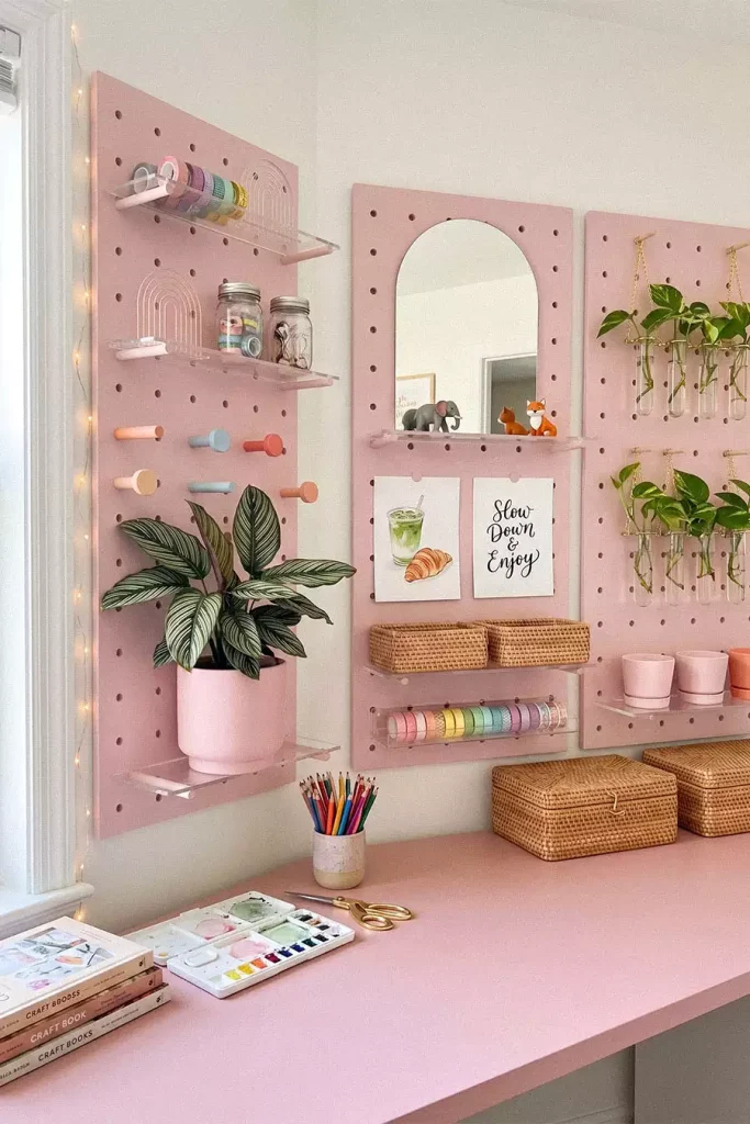 Pink craft pegboards with an arched mirror, clear shelves, plants, and woven baskets