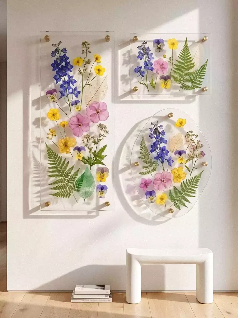Pressed flowers and ferns displayed in clear wall panels