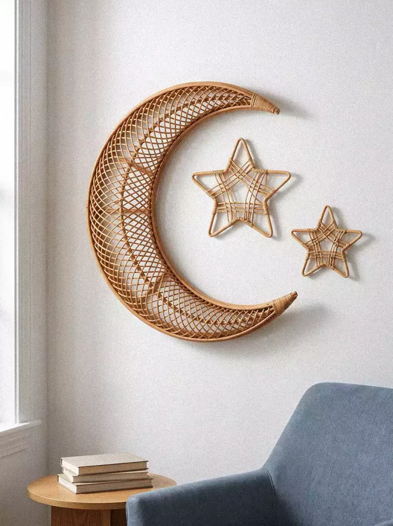 Rattan crescent moon and stars above blue chair